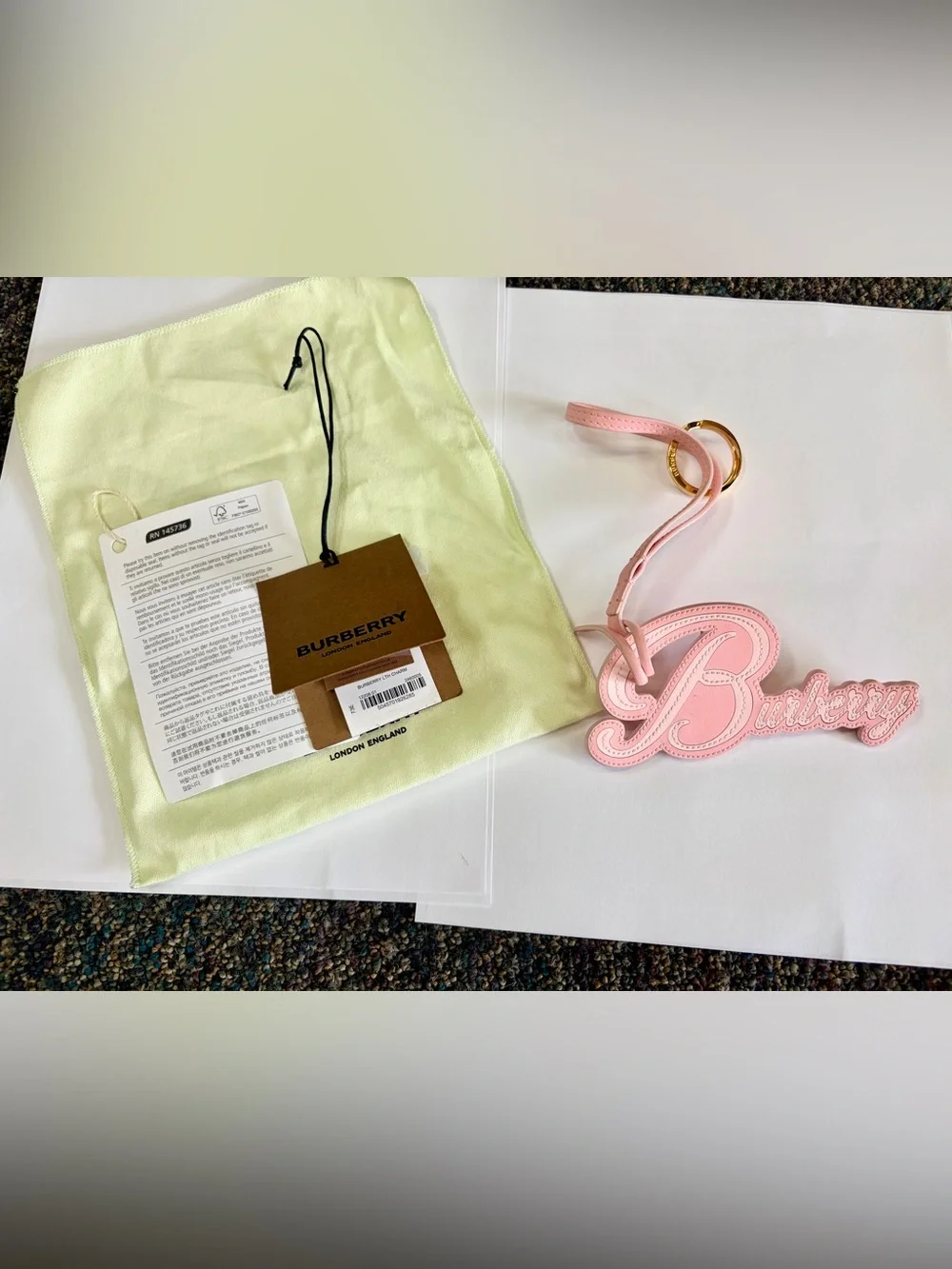 Burberry Script Logo Pink Leather Large bag charm keychain